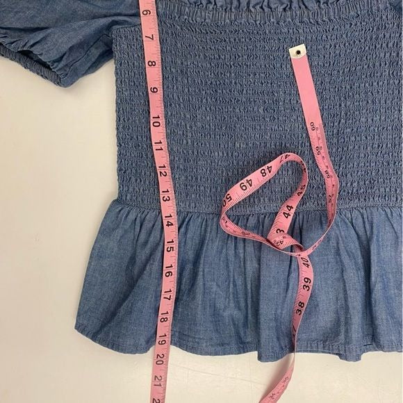 J.Crew || Squareneck Smocked Chambray Top Short Sleeve Blue XS