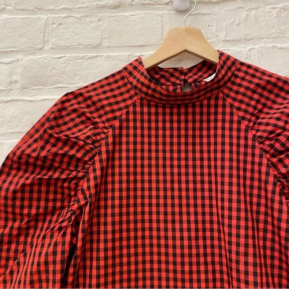 H&M || Gingham Check Plaid Puff Sleeve Blouse Top Red Black Large NWT