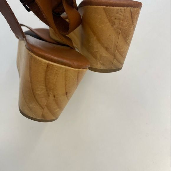 Nisolo || Sarita Leather Strap Wooden Wedge Sandals Brown 9