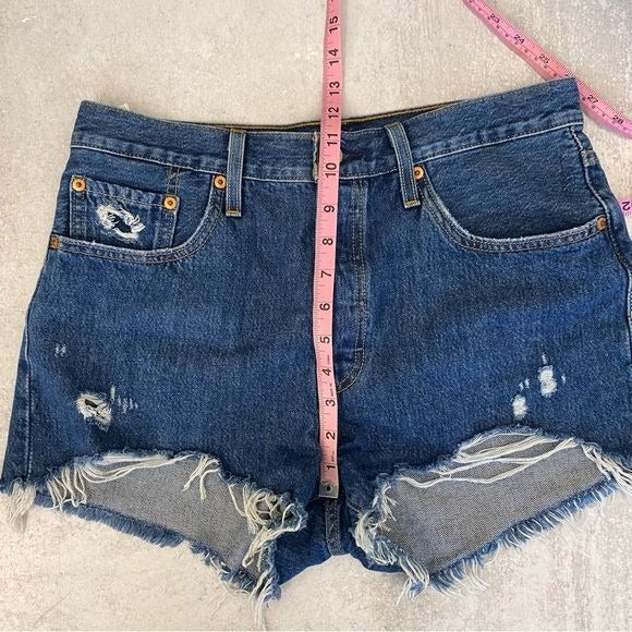 LEVI’S || 501 High Rise Denim Cutoff Shorts Drive Me Crazy Blue Distressed 29