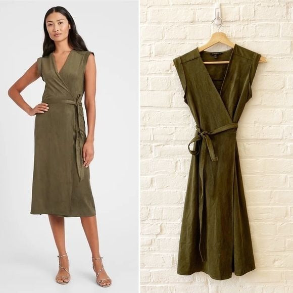 Banana Republic || Vegan Suede Wrap Midi Dress Green 2 Petite