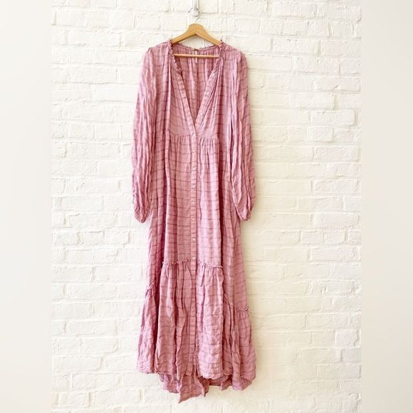 Free People || Edie Dress Long Sleeve Button Down Maxi in Light Pink Purple XL