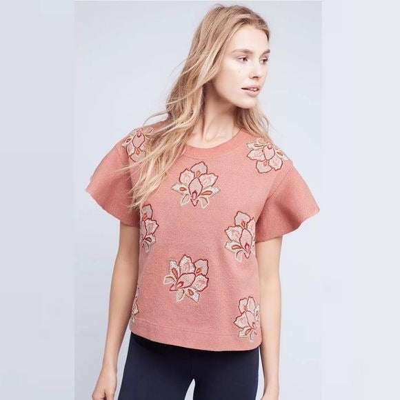 Anthropologie || Chloe Oliver Embroidered Padma Pullover Flutter Floral Pink L