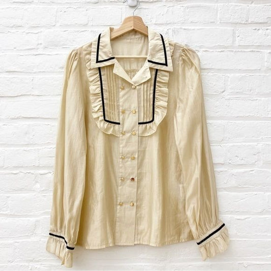 J.ING || Pleated Tuxedo Ruffle Blouse Button Down Cream Black Medium