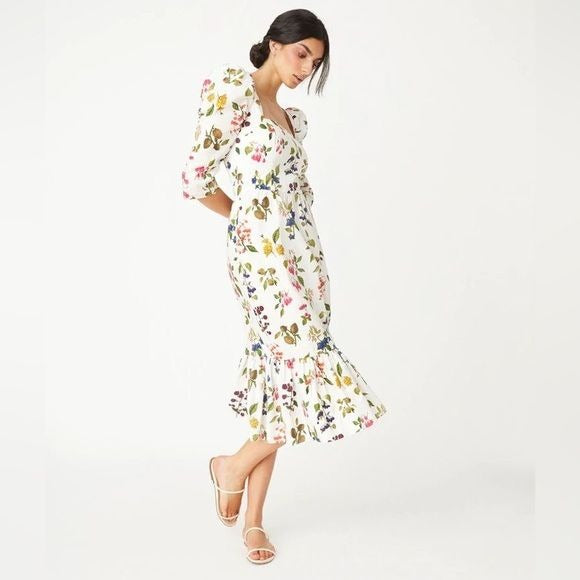 Cara Cara || Busy Poplin Floral Botanical Midi Dress Cotton Smocked White 2 NWT