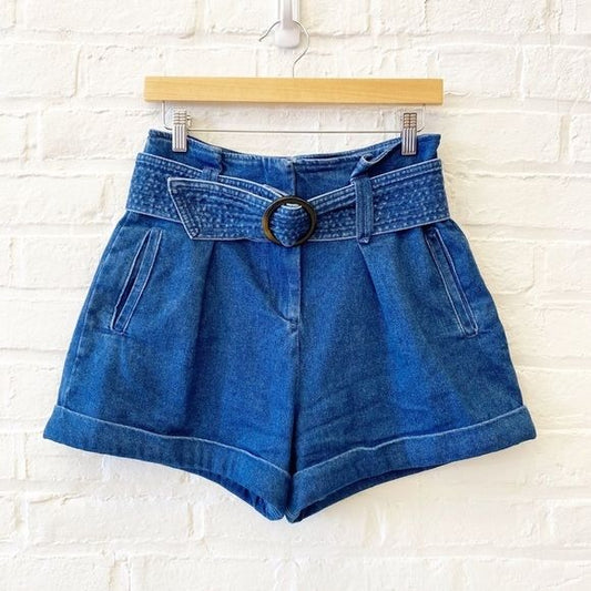 Sezane || Rome Shorts Pleated Belted Cuffed in Denim Blue 36 US 4