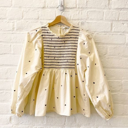 Zara || Poplin Puff Sleeve Smocked Blouse Top Hearts Cream XS