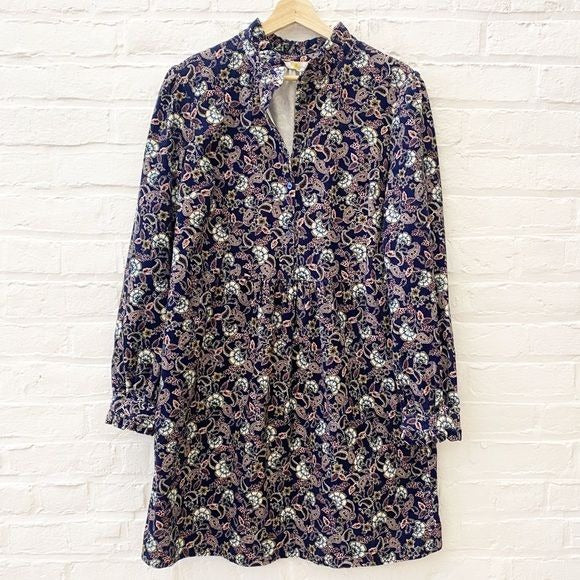 Boden || Ruffle Neck Cord Shirt Dress French Navy Exotic Floral 12 NWT