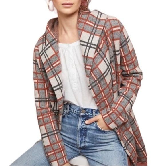 Anthropologie || Field Flower Hooded Wool Plaid Sweater Coat Cardigan Jacket S