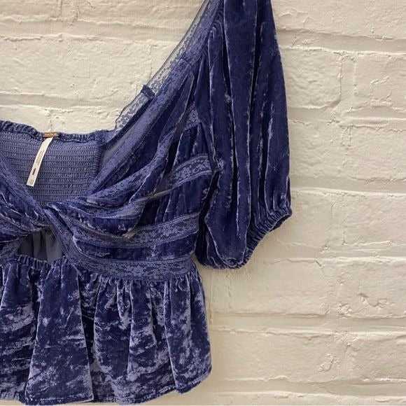 Free People || Yours Truly Velvet Lace Keyhole Sweetheart Top Wild Moon Blue XS