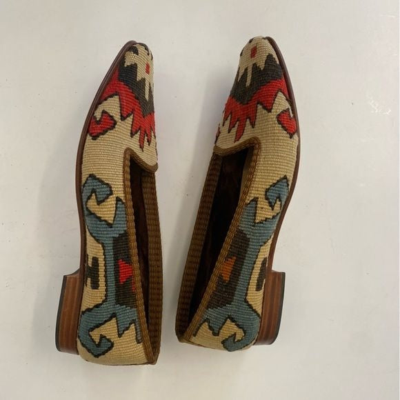 Kilim Wool Textile Carpet Loafers Smoking Shoes Tan Red 7