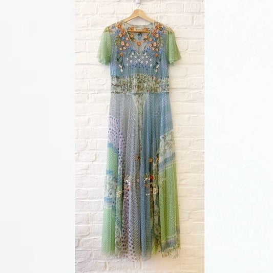 Johnny Was || Biya Winx Embroidered Patchwork Print Mesh Maxi Dress Green S