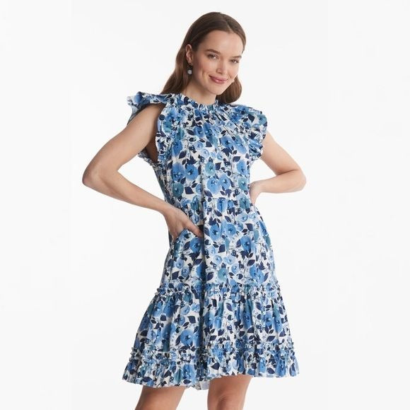 Tyler Böe || Ursula Tiered Mini Dress in Blue Poppies Floral XL NWT