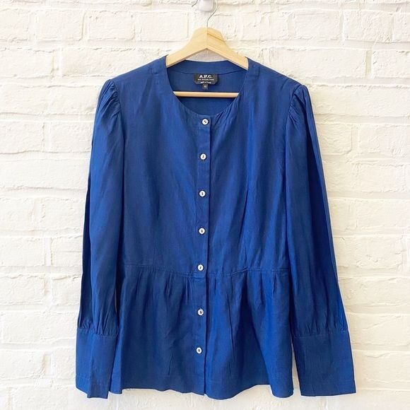 A.P.C. || Peplum Hem Poplin Button Down Blouse Navy Blue 40 US 8