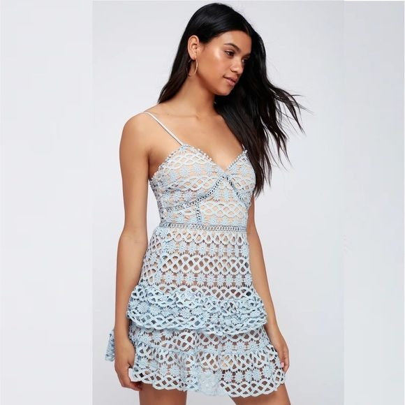 Lulu’s || Beauty and Lace Crochet Mini Dress Light Blue Medium