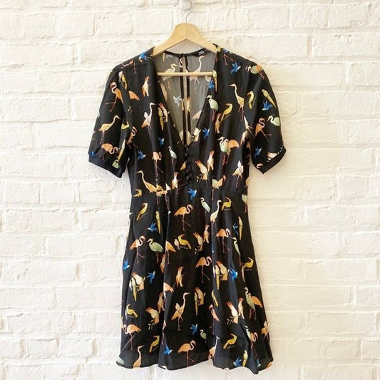 Zara || Tropical Bird Flamingo Print Romper Mini Dress Black