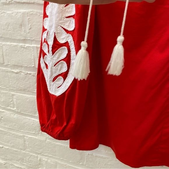 J. Crew || Embroidered Peasant Blouse Puff Sleeve Tassels Red White