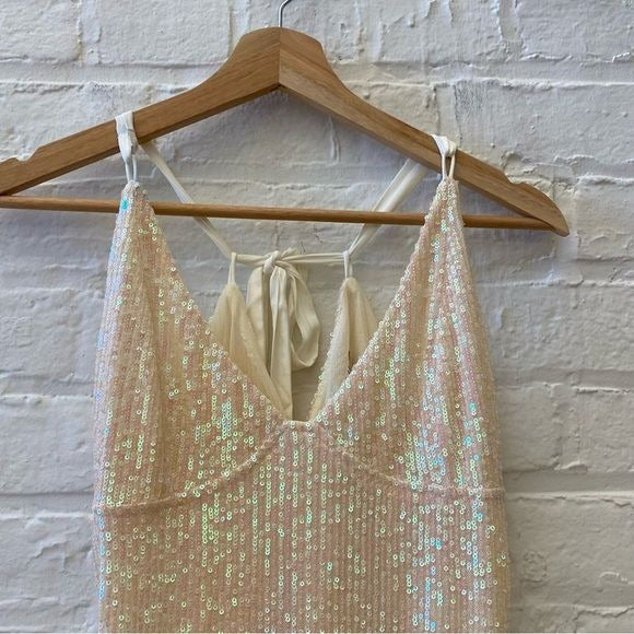 Free People || Gold Rush Sequined Slip Mini Dress Tie Back Ivory Blush Large NWT