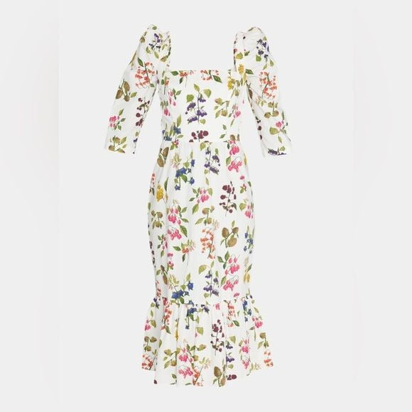 Cara Cara || Busy Poplin Floral Botanical Midi Dress Cotton Smocked White 2 NWT