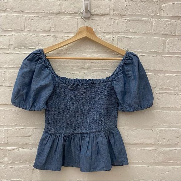 J.Crew || Squareneck Smocked Chambray Top Short Sleeve Blue XS