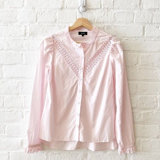 ME+EM || High Standing Ruffle Collar Broderie Blouse Poplin Pink US 2 UK 6