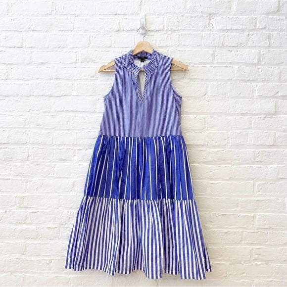 J. Crew || Sleeveless Tiered Popover Dress in Mixed Stripe Blue XXS