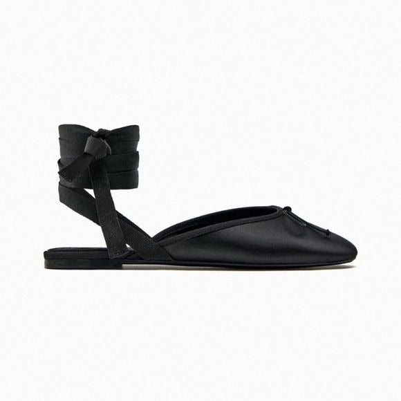 Zara || Satin Lace Up Ballerina Ballet Flats Black 38