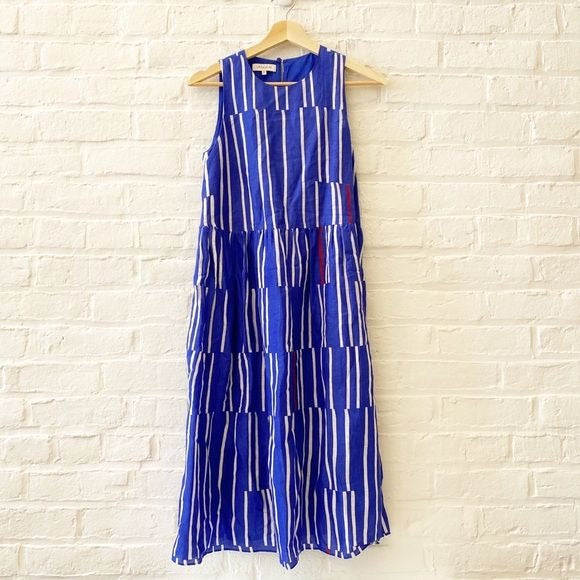 Lafayette 148 New York || Cass Striped Keyhole Dress Linen-Blend Blue Red XXS