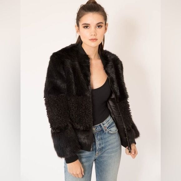 John + Jenn || Amy Faux Fur Bomber Jacket Mixed Texture Black XS