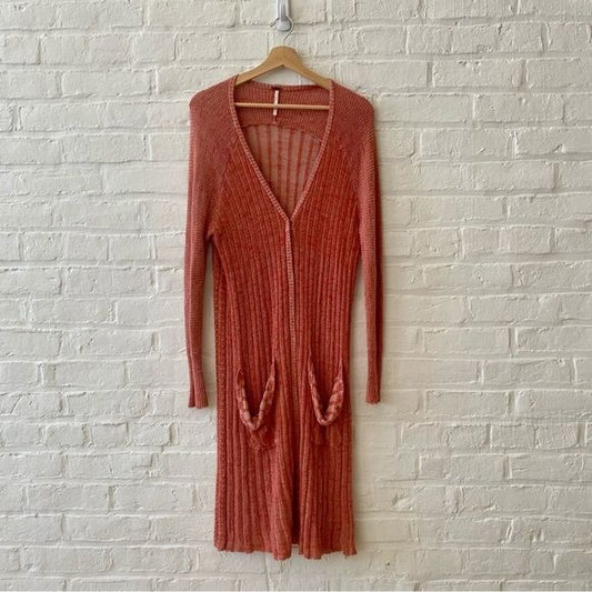 Free People || Shadow Stripe Long Duster Cardigan Pockets Paprika Red Orange XS