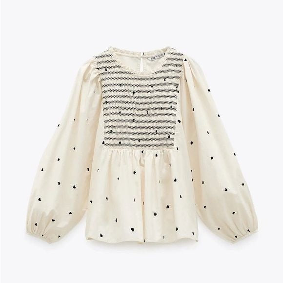 Zara || Poplin Puff Sleeve Smocked Blouse Top Hearts Cream XS