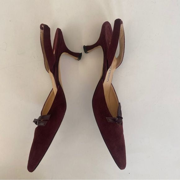 Manolo Blahnik || Slingback Kitten Heels Mules Suede Bow Burgundy Wine Red 37.5