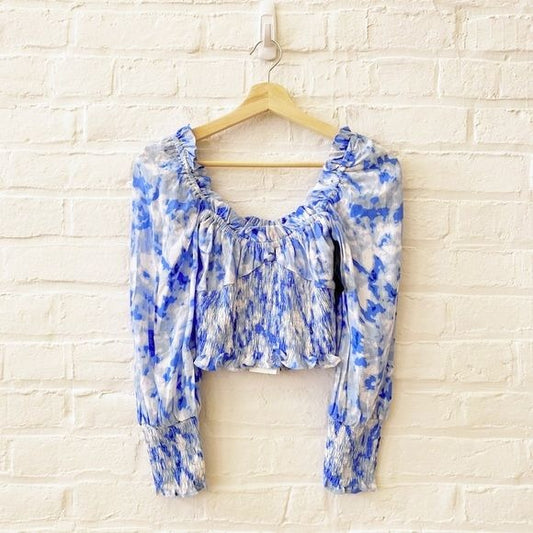 Faithfull The Brand || Willow Top Smocked Crop Long Sleeve Tie Dye Blue 2 XS NWT