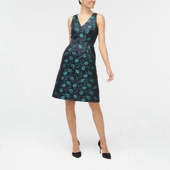 J. Crew || Jacquard V-neck Cocktail Dress Floral Green Black 2