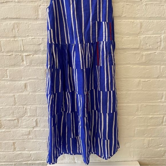 Lafayette 148 New York || Cass Striped Keyhole Dress Linen-Blend Blue Red XXS