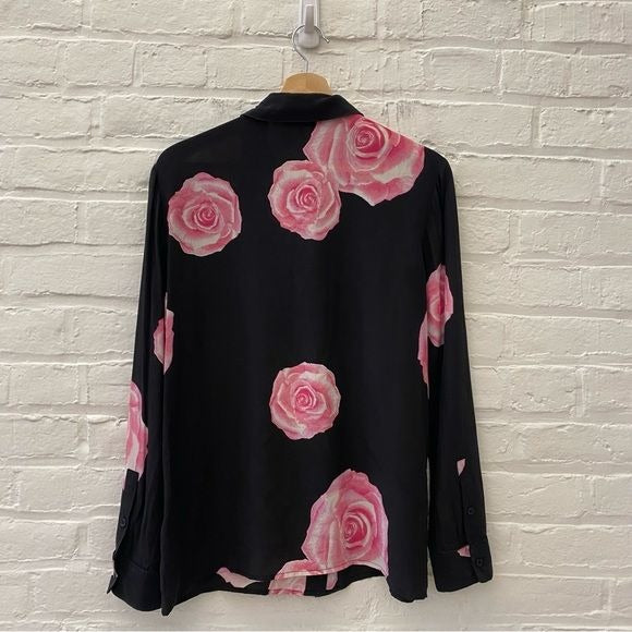 GANNI || Fayette Rose Print Silk Button Down Shirt Blouse Black Pink 36 US 4