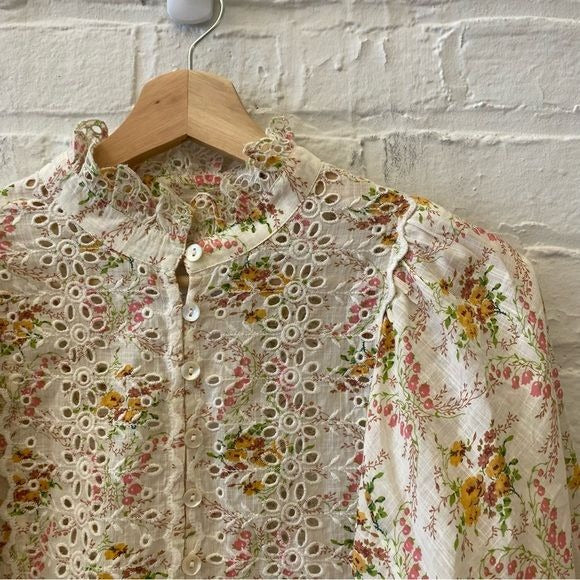 ByTiMo || Eyelet Puff Sleeve Top Blouse Cotton Slub Lace Vintage Floral Ivory M