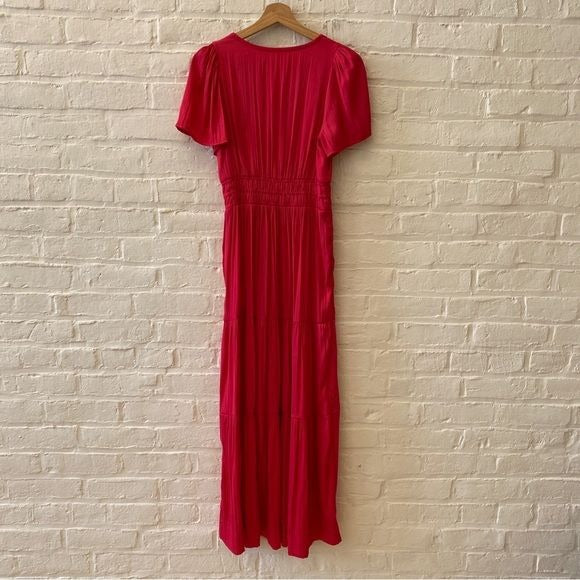 Anthropologie || Somerset Maxi Dress Smocked Waist Flutter Sleeve Pink Satin XS