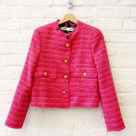 Zara || Fuchsia Tweed Lady Jacket Blazer Gold Buttons Small NWT