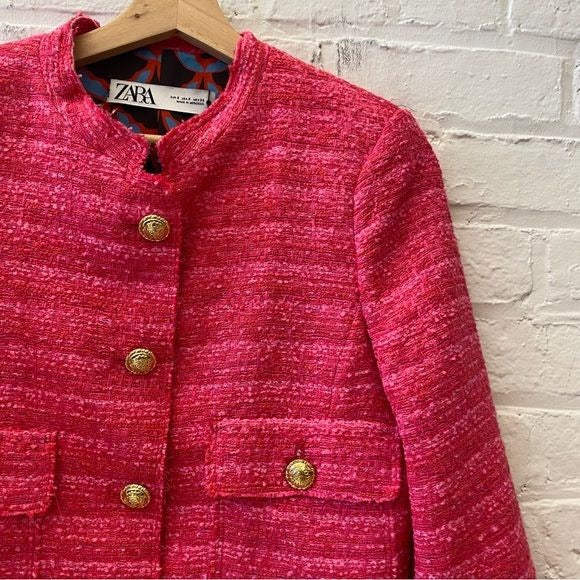 Zara || Fuchsia Tweed Lady Jacket Blazer Gold Buttons Small NWT