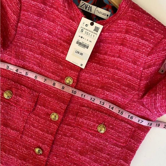 Zara || Fuchsia Tweed Lady Jacket Blazer Gold Buttons Small NWT