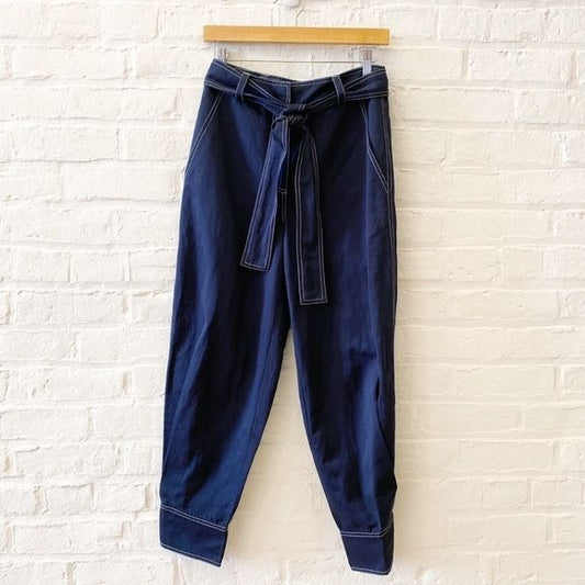 Ulla Johnson || Levi Tapered Belted Twill Trousers Pants Midnight Blue 0 NWT