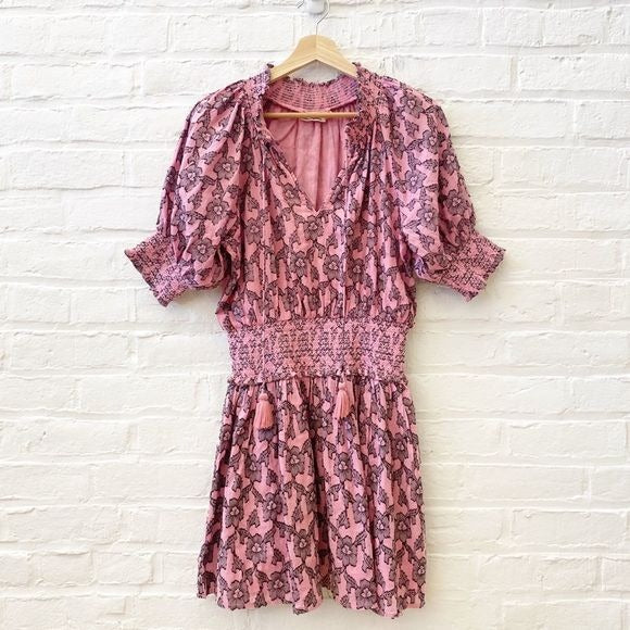 Anthropologie || Roller Rabbit Pau Fiorella Smocked Mini Dress Floral Pink Small