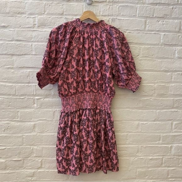 Anthropologie || Roller Rabbit Pau Fiorella Smocked Mini Dress Floral Pink Small