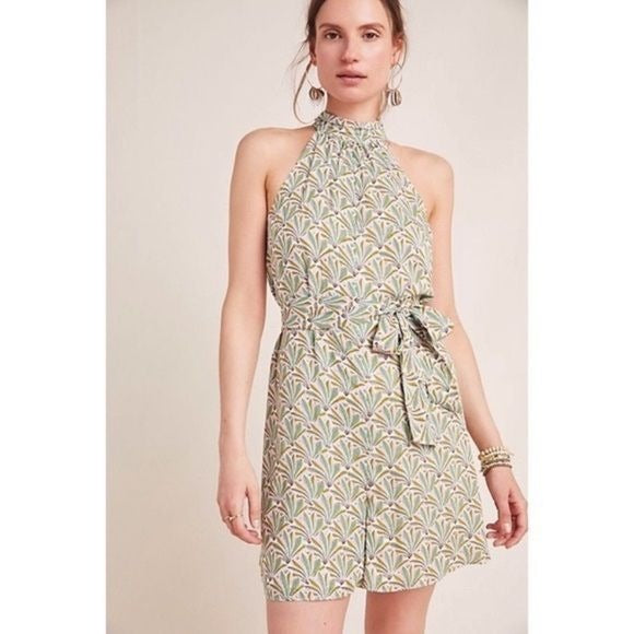 Anthropologie || Maddie High Neck Halter Romper Belted Leaf Print Green Medium