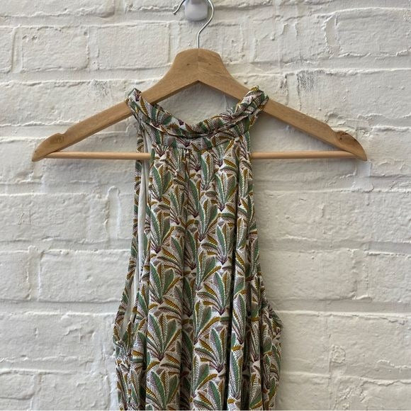 Anthropologie || Maddie High Neck Halter Romper Belted Leaf Print Green Medium