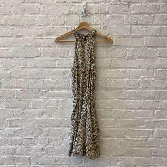 Anthropologie || Maddie High Neck Halter Romper Belted Leaf Print Green Medium