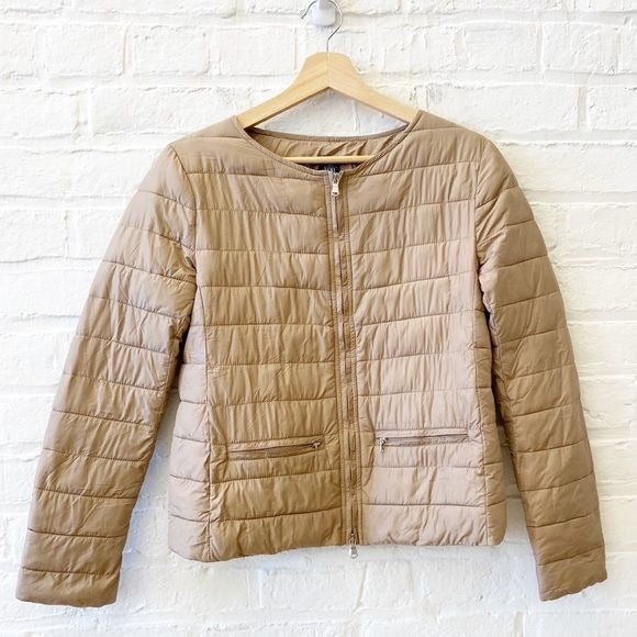 Eleventy || Collarless Short Puffer Jacket Quilted Beige Tan