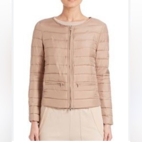 Eleventy || Collarless Short Puffer Jacket Quilted Beige Tan