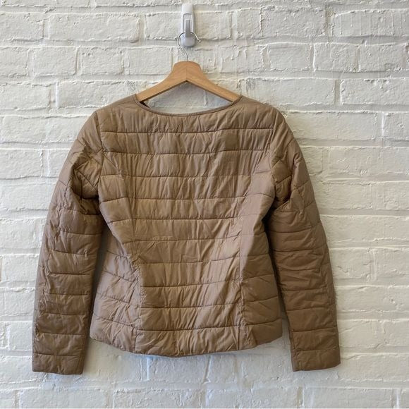 Eleventy || Collarless Short Puffer Jacket Quilted Beige Tan